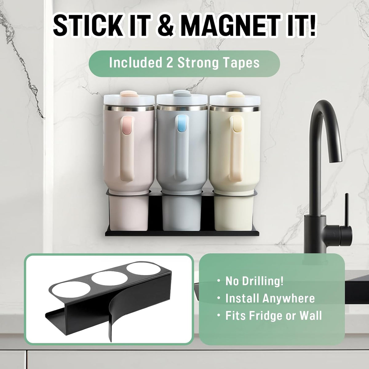 Magnetic Stanley Cup Holder for Fridge, Water Bottle Organizer for Tumbler with Double Sided Tape Hold Stanley Cup Accessories for Kitchen Cabinet Wall