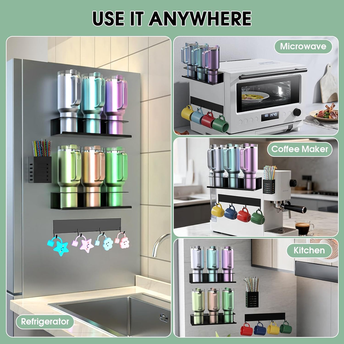 Magnetic Stanley Cup Holder for Fridge, Water Bottle Organizer for Tumbler with Double Sided Tape Hold Stanley Cup Accessories for Kitchen Cabinet Wall