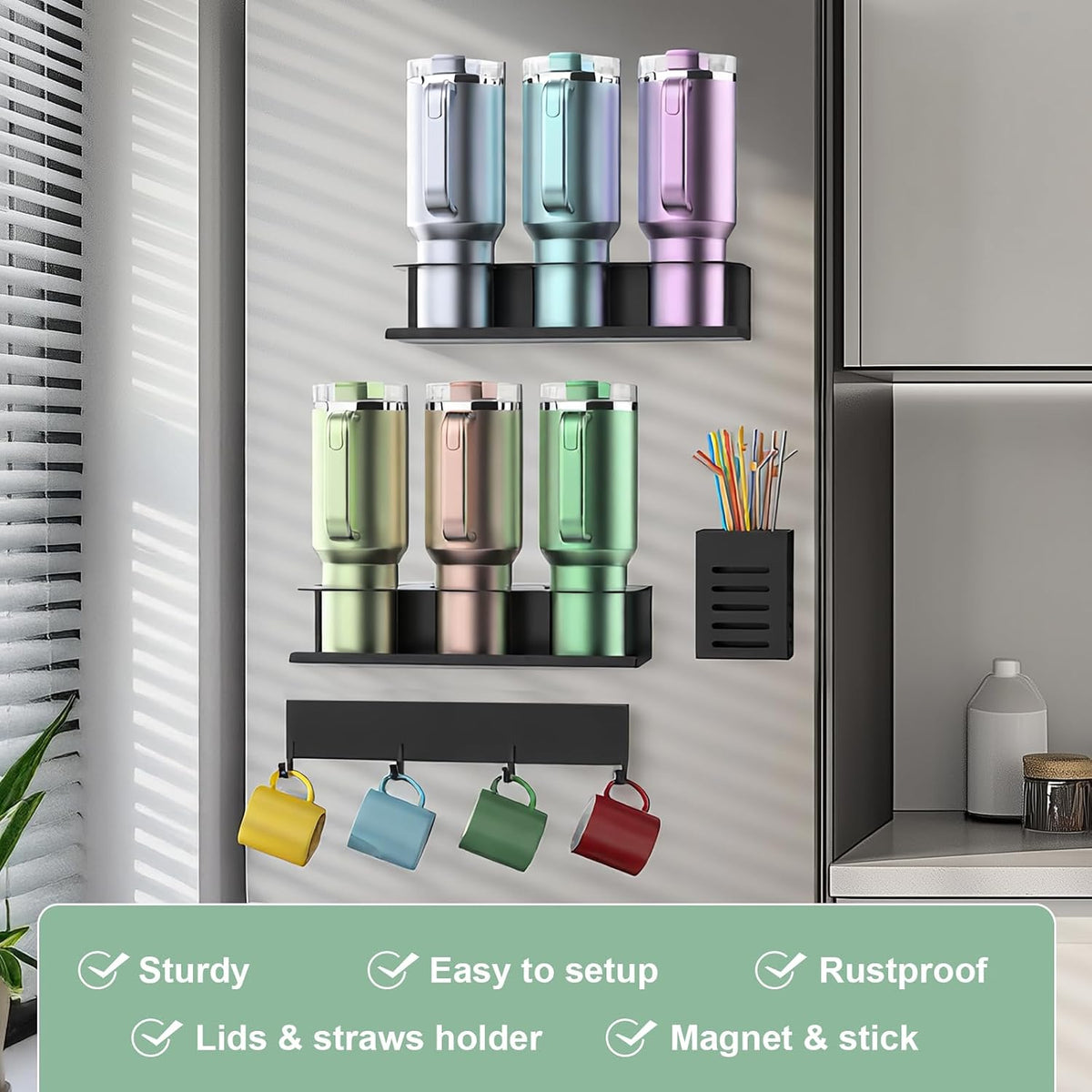 Magnetic Stanley Cup Holder for Fridge, Water Bottle Organizer for Tumbler with Double Sided Tape Hold Stanley Cup Accessories for Kitchen Cabinet Wall