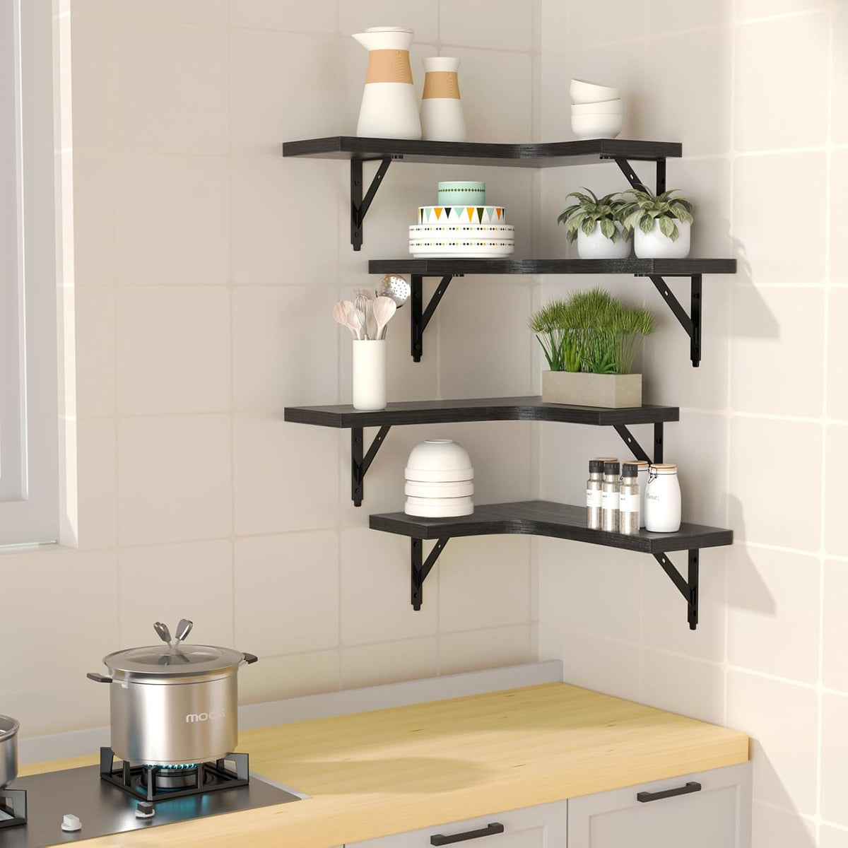 Corner Floating Shelves Wall Mounted Set of 4, Black