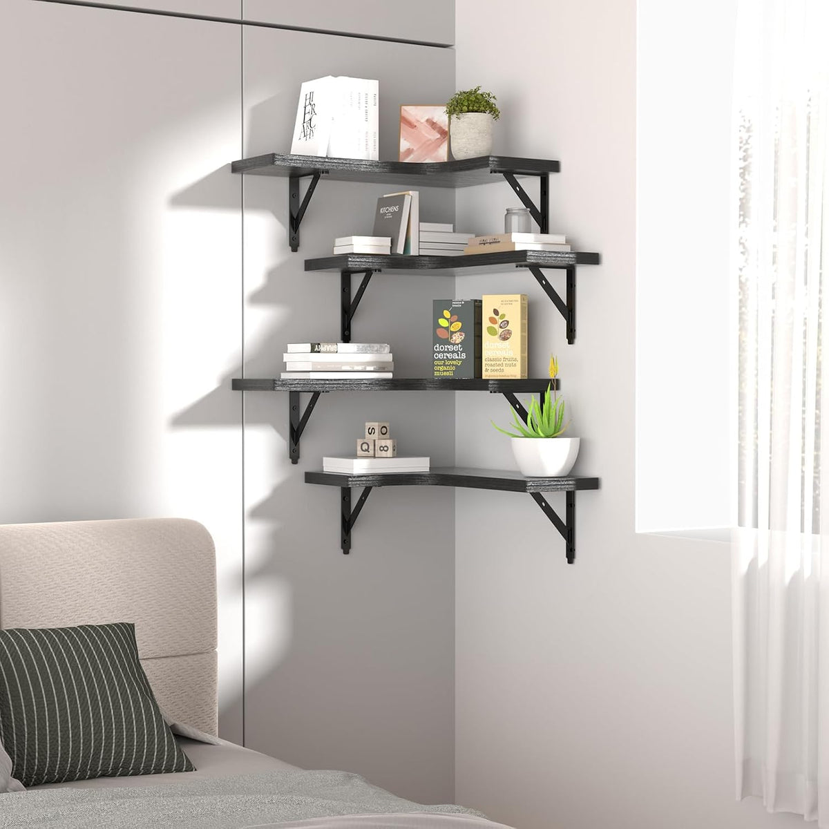 Corner Floating Shelves Wall Mounted Set of 4, Black