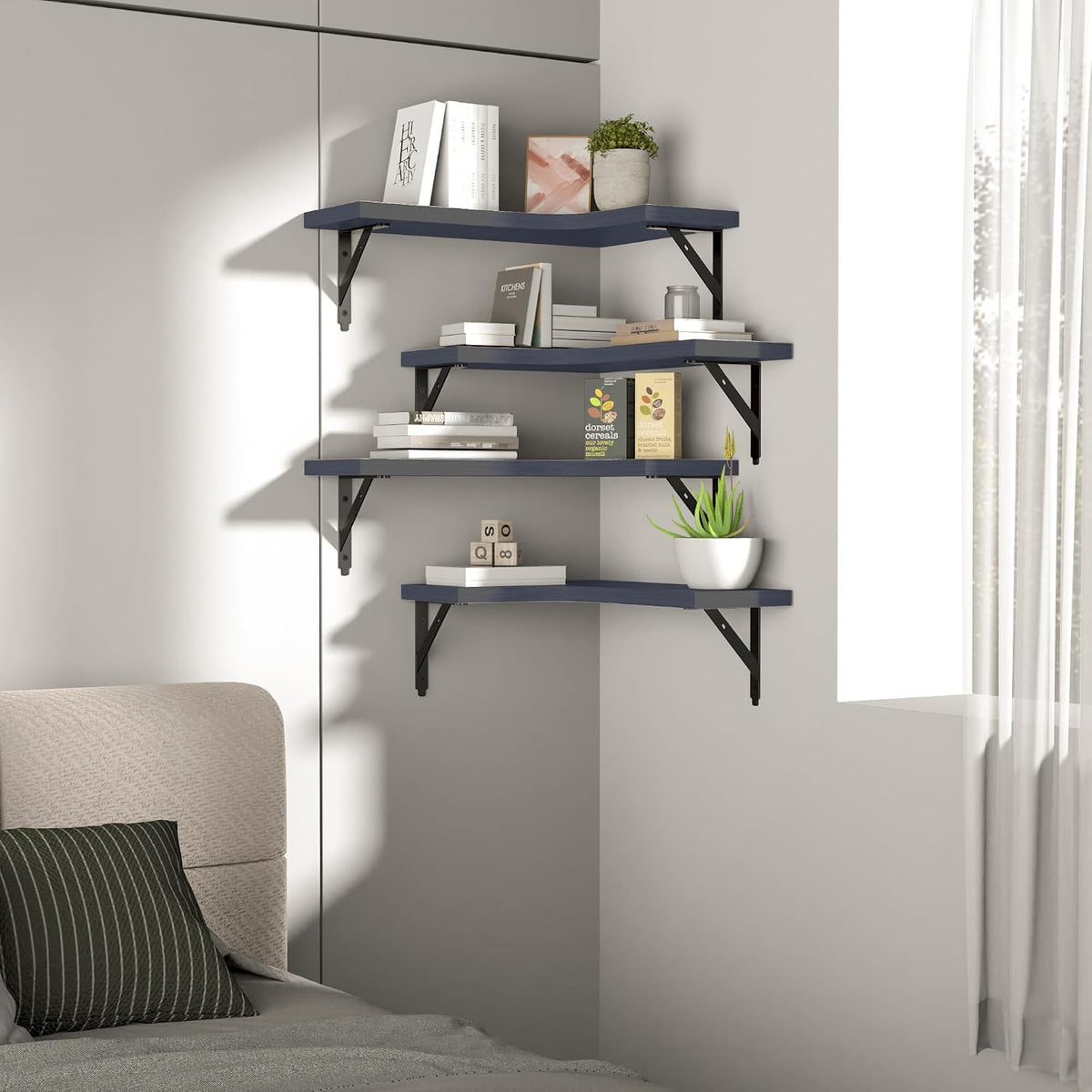 Corner Floating Shelves Wall Mounted Set of 4, Black