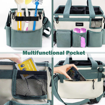 Wearable Cleaning Caddy Bag,Cleaning Supply Tote for Cleaning Supplies, Cleaning Organizer with Adjustable Shoulder and Waist Straps for Cleaners & Housekeepers (Green White, Large)