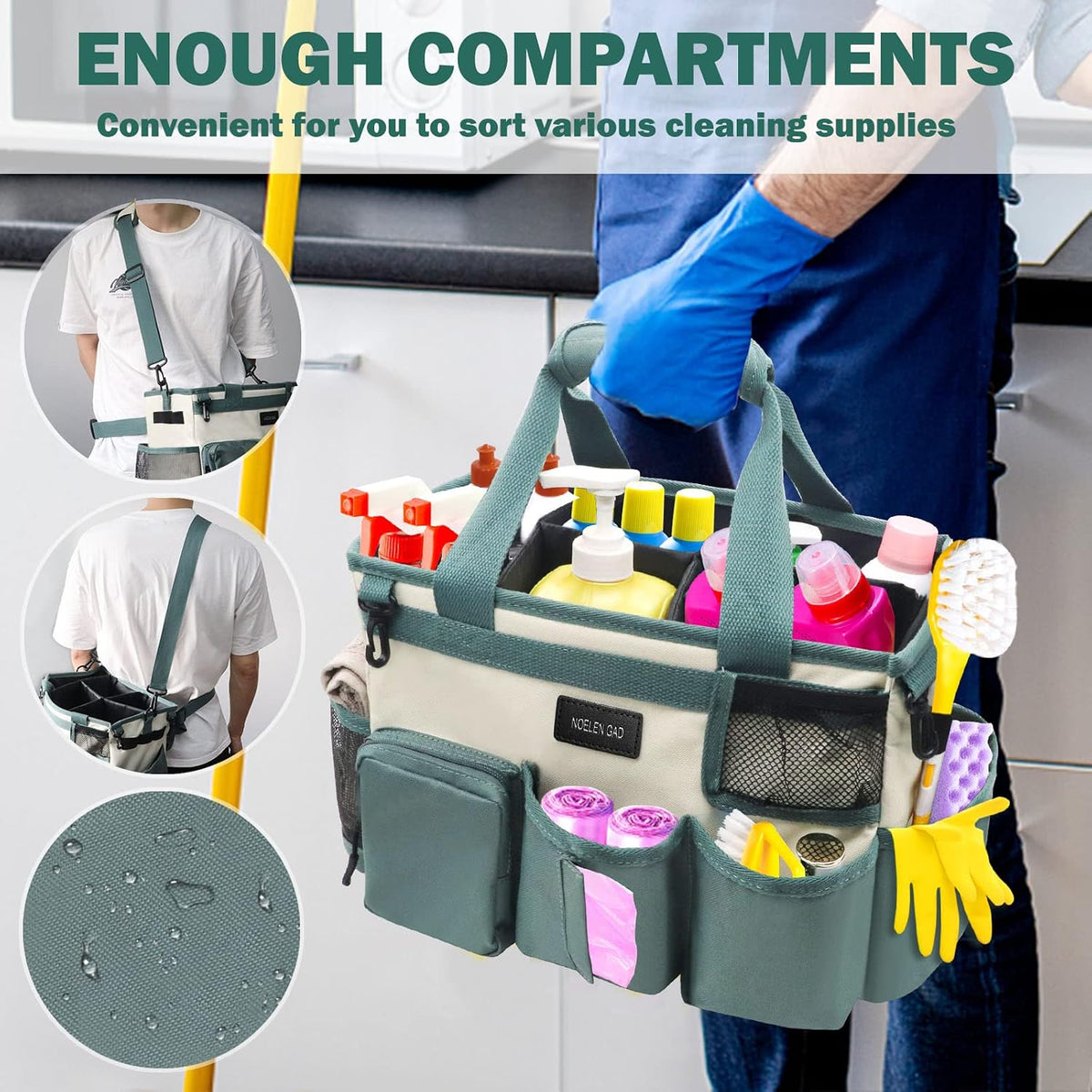 Wearable Cleaning Caddy Bag,Cleaning Supply Tote for Cleaning Supplies, Cleaning Organizer with Adjustable Shoulder and Waist Straps for Cleaners & Housekeepers (Green White, Large)