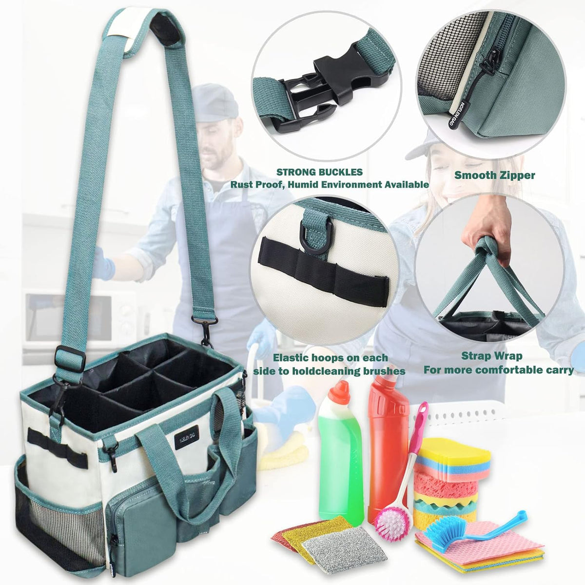 Wearable Cleaning Caddy Bag,Cleaning Supply Tote for Cleaning Supplies, Cleaning Organizer with Adjustable Shoulder and Waist Straps for Cleaners & Housekeepers (Green White, Large)
