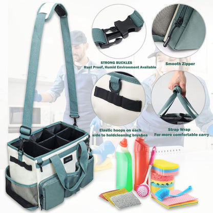 Wearable Cleaning Caddy Bag,Cleaning Supply Tote for Cleaning Supplies, Cleaning Organizer with Adjustable Shoulder and Waist Straps for Cleaners & Housekeepers (Green White, Large)