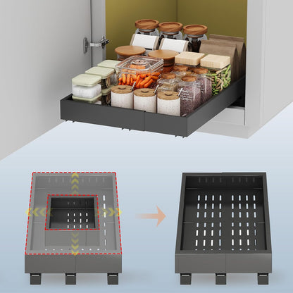 Pull out Cabinet Organizer,Expandable Width(11"-16"),Depth(17"-24") with 3 Rails,Roll out Drawers,No Drill Adjustable Slide out Shelves for Kitchen,Pantry,for Both Lip and Lip-Free Cabinets,White(1PC)