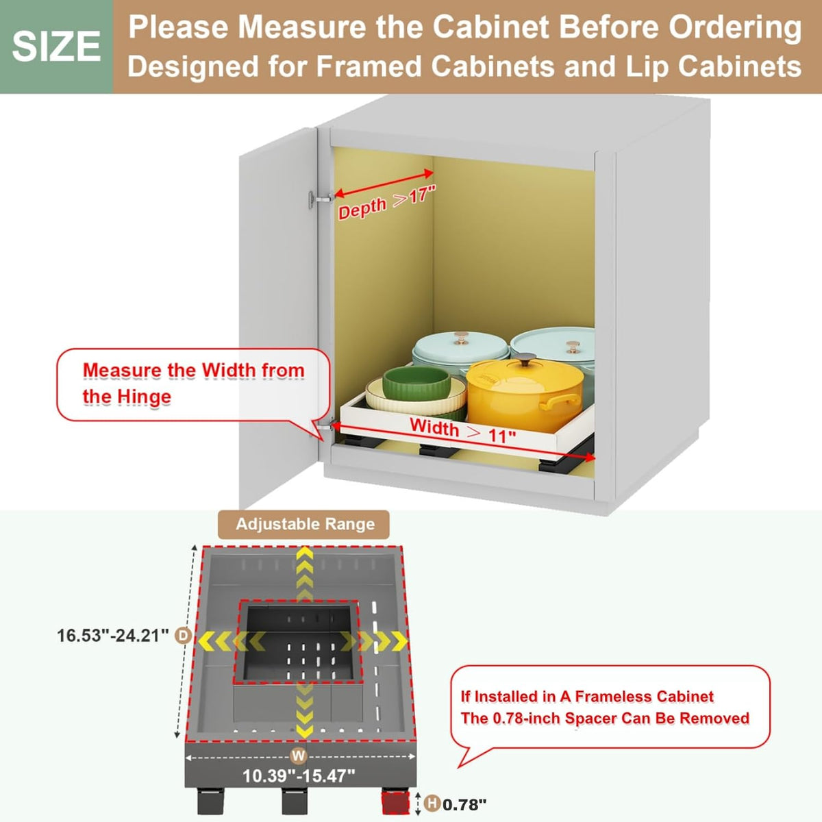 Pull out Cabinet Organizer,Expandable Width(11"-16"),Depth(17"-24") with 3 Rails,Roll out Drawers,No Drill Adjustable Slide out Shelves for Kitchen,Pantry,for Both Lip and Lip-Free Cabinets,White(1PC)