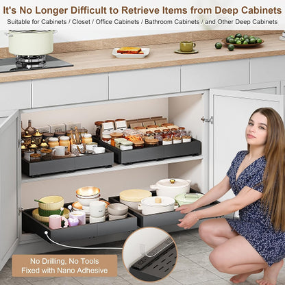 Pull out Cabinet Organizer,Expandable Width(11"-16"),Depth(17"-24") with 3 Rails,Roll out Drawers,No Drill Adjustable Slide out Shelves for Kitchen,Pantry,for Both Lip and Lip-Free Cabinets,White(1PC)
