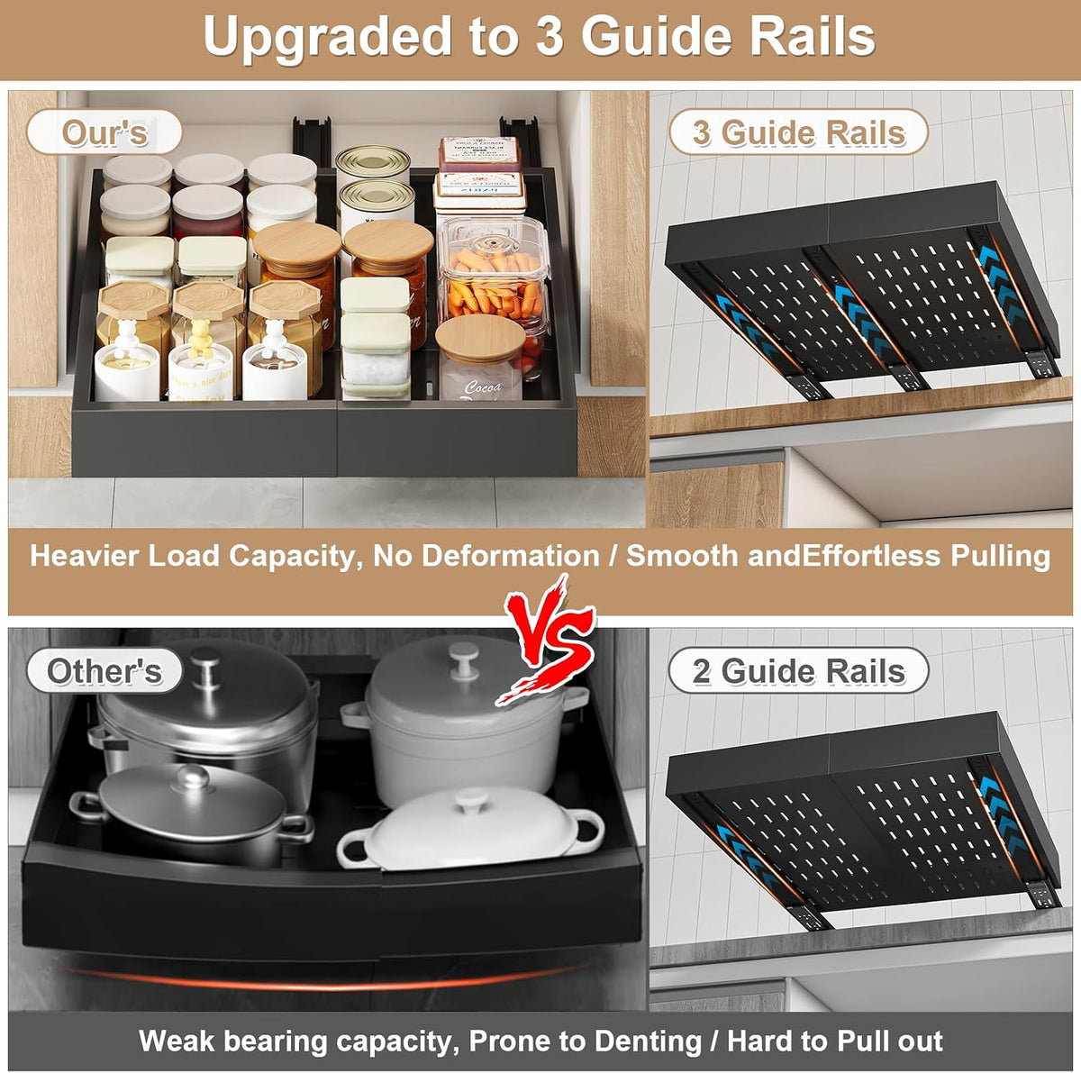 Pull out Cabinet Organizer,Expandable Width(11"-16"),Depth(17"-24") with 3 Rails,Roll out Drawers,No Drill Adjustable Slide out Shelves for Kitchen,Pantry,for Both Lip and Lip-Free Cabinets,White(1PC)