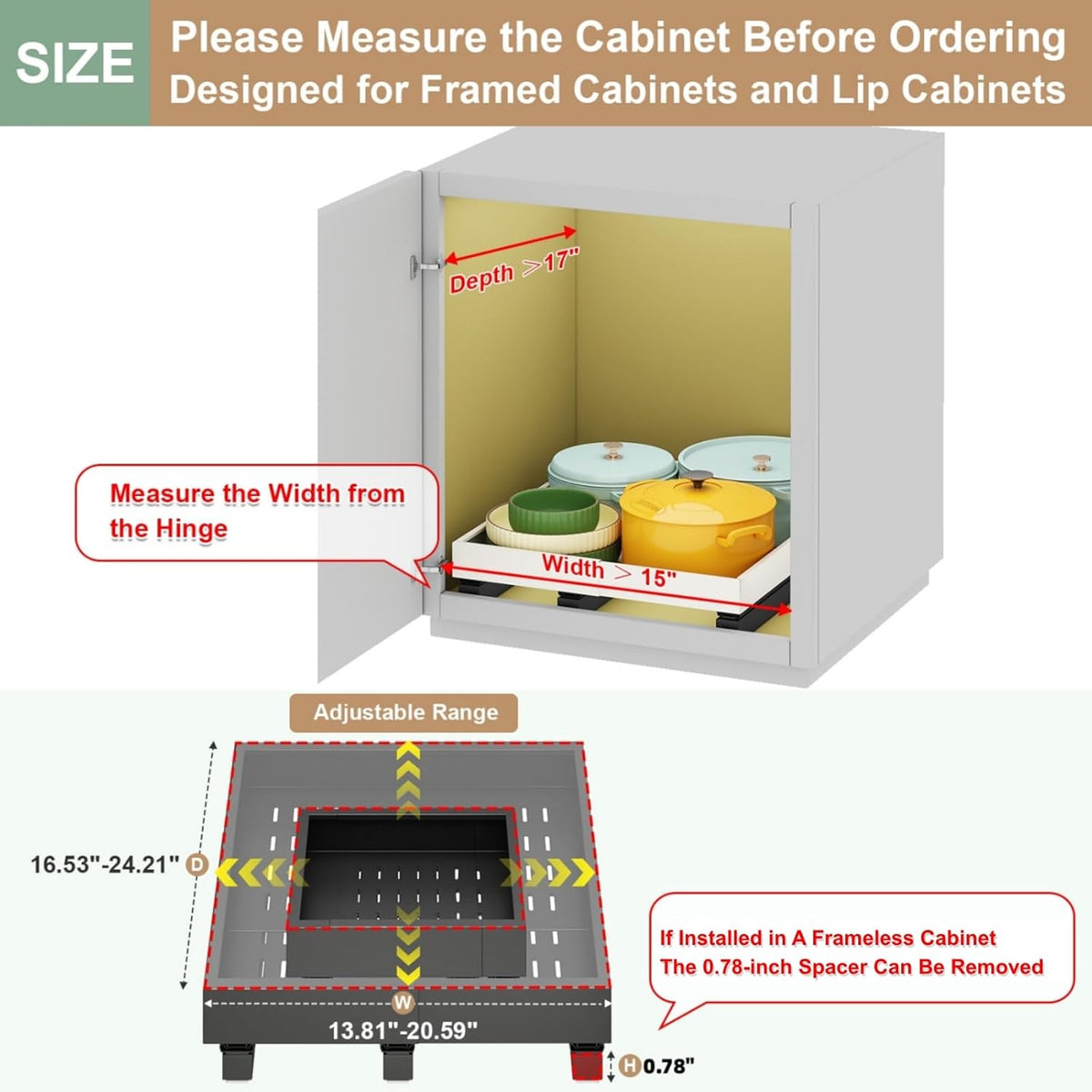 Pull out Cabinet Organizer,Expandable Width(11"-16"),Depth(17"-24") with 3 Rails,Roll out Drawers,No Drill Adjustable Slide out Shelves for Kitchen,Pantry,for Both Lip and Lip-Free Cabinets,White(1PC)