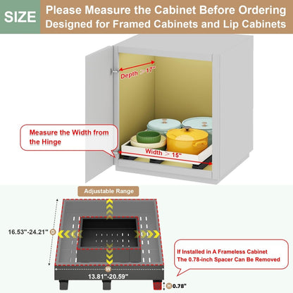Pull out Cabinet Organizer,Expandable Width(11"-16"),Depth(17"-24") with 3 Rails,Roll out Drawers,No Drill Adjustable Slide out Shelves for Kitchen,Pantry,for Both Lip and Lip-Free Cabinets,White(1PC)