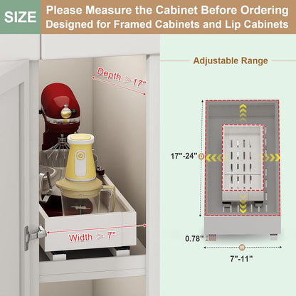 Pull out Cabinet Organizer,Expandable Width(11"-16"),Depth(17"-24") with 3 Rails,Roll out Drawers,No Drill Adjustable Slide out Shelves for Kitchen,Pantry,for Both Lip and Lip-Free Cabinets,White(1PC)