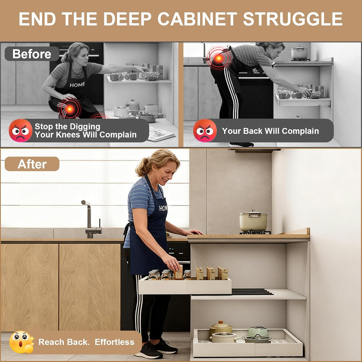 Pull out Cabinet Organizer,Expandable Width(11"-16"),Depth(17"-24") with 3 Rails,Roll out Drawers,No Drill Adjustable Slide out Shelves for Kitchen,Pantry,for Both Lip and Lip-Free Cabinets,White(1PC)