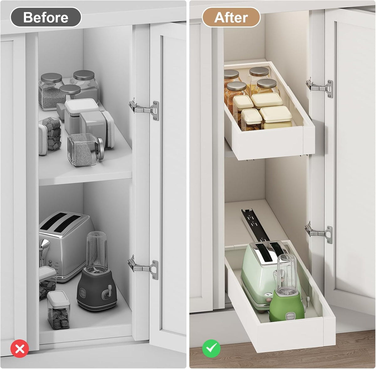 Pull out Cabinet Organizer,Expandable Width(11"-16"),Depth(17"-24") with 3 Rails,Roll out Drawers,No Drill Adjustable Slide out Shelves for Kitchen,Pantry,for Both Lip and Lip-Free Cabinets,White(1PC)