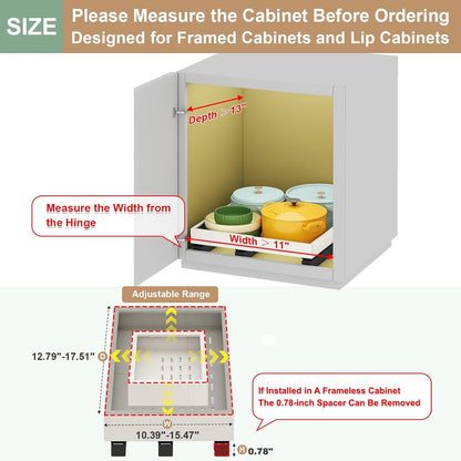 Pull out Cabinet Organizer,Expandable Width(11"-16"),Depth(17"-24") with 3 Rails,Roll out Drawers,No Drill Adjustable Slide out Shelves for Kitchen,Pantry,for Both Lip and Lip-Free Cabinets,White(1PC)