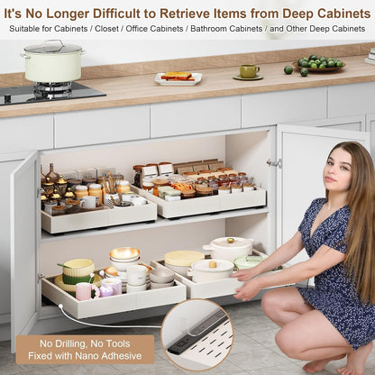 Pull out Cabinet Organizer,Expandable Width(11"-16"),Depth(17"-24") with 3 Rails,Roll out Drawers,No Drill Adjustable Slide out Shelves for Kitchen,Pantry,for Both Lip and Lip-Free Cabinets,White(1PC)