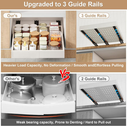 Pull out Cabinet Organizer,Expandable Width(11"-16"),Depth(17"-24") with 3 Rails,Roll out Drawers,No Drill Adjustable Slide out Shelves for Kitchen,Pantry,for Both Lip and Lip-Free Cabinets,White(1PC)