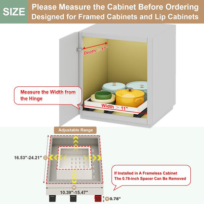 Pull out Cabinet Organizer,Expandable Width(11"-16"),Depth(17"-24") with 3 Rails,Roll out Drawers,No Drill Adjustable Slide out Shelves for Kitchen,Pantry,for Both Lip and Lip-Free Cabinets,White(1PC)