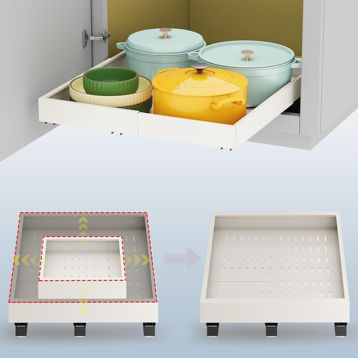 Pull out Cabinet Organizer,Expandable Width(11"-16"),Depth(17"-24") with 3 Rails,Roll out Drawers,No Drill Adjustable Slide out Shelves for Kitchen,Pantry,for Both Lip and Lip-Free Cabinets,White(1PC)