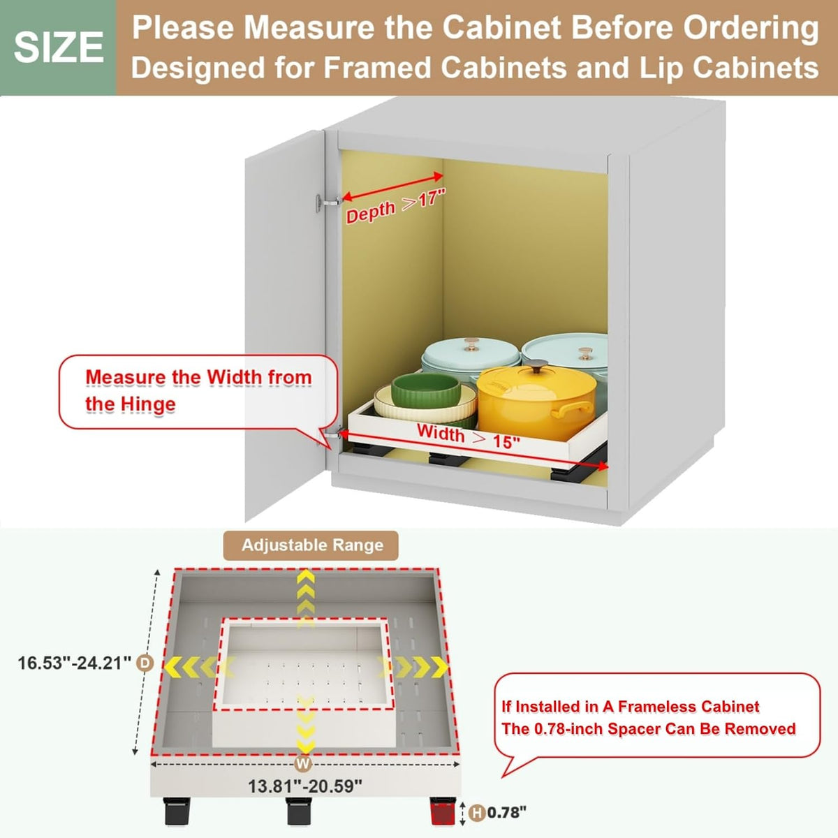 Pull out Cabinet Organizer,Expandable Width(11"-16"),Depth(17"-24") with 3 Rails,Roll out Drawers,No Drill Adjustable Slide out Shelves for Kitchen,Pantry,for Both Lip and Lip-Free Cabinets,White(1PC)
