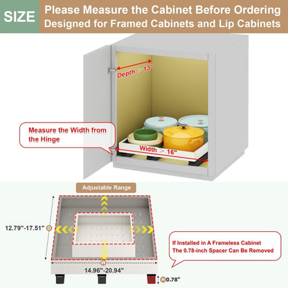 Pull out Cabinet Organizer,Expandable Width(11"-16"),Depth(17"-24") with 3 Rails,Roll out Drawers,No Drill Adjustable Slide out Shelves for Kitchen,Pantry,for Both Lip and Lip-Free Cabinets,White(1PC)