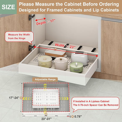 Pull out Cabinet Organizer,Expandable Width(11"-16"),Depth(17"-24") with 3 Rails,Roll out Drawers,No Drill Adjustable Slide out Shelves for Kitchen,Pantry,for Both Lip and Lip-Free Cabinets,White(1PC)