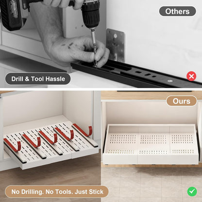 Pull out Cabinet Organizer,Expandable Width(11"-16"),Depth(17"-24") with 3 Rails,Roll out Drawers,No Drill Adjustable Slide out Shelves for Kitchen,Pantry,for Both Lip and Lip-Free Cabinets,White(1PC)