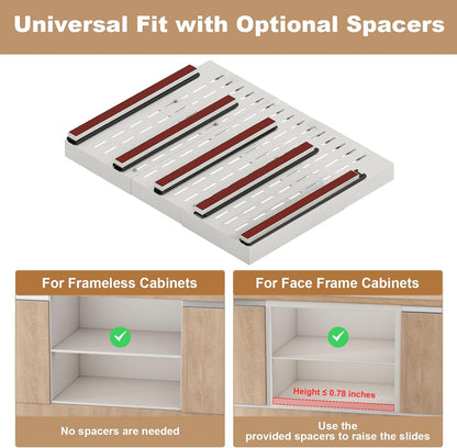 Pull out Cabinet Organizer,Expandable Width(11"-16"),Depth(17"-24") with 3 Rails,Roll out Drawers,No Drill Adjustable Slide out Shelves for Kitchen,Pantry,for Both Lip and Lip-Free Cabinets,White(1PC)