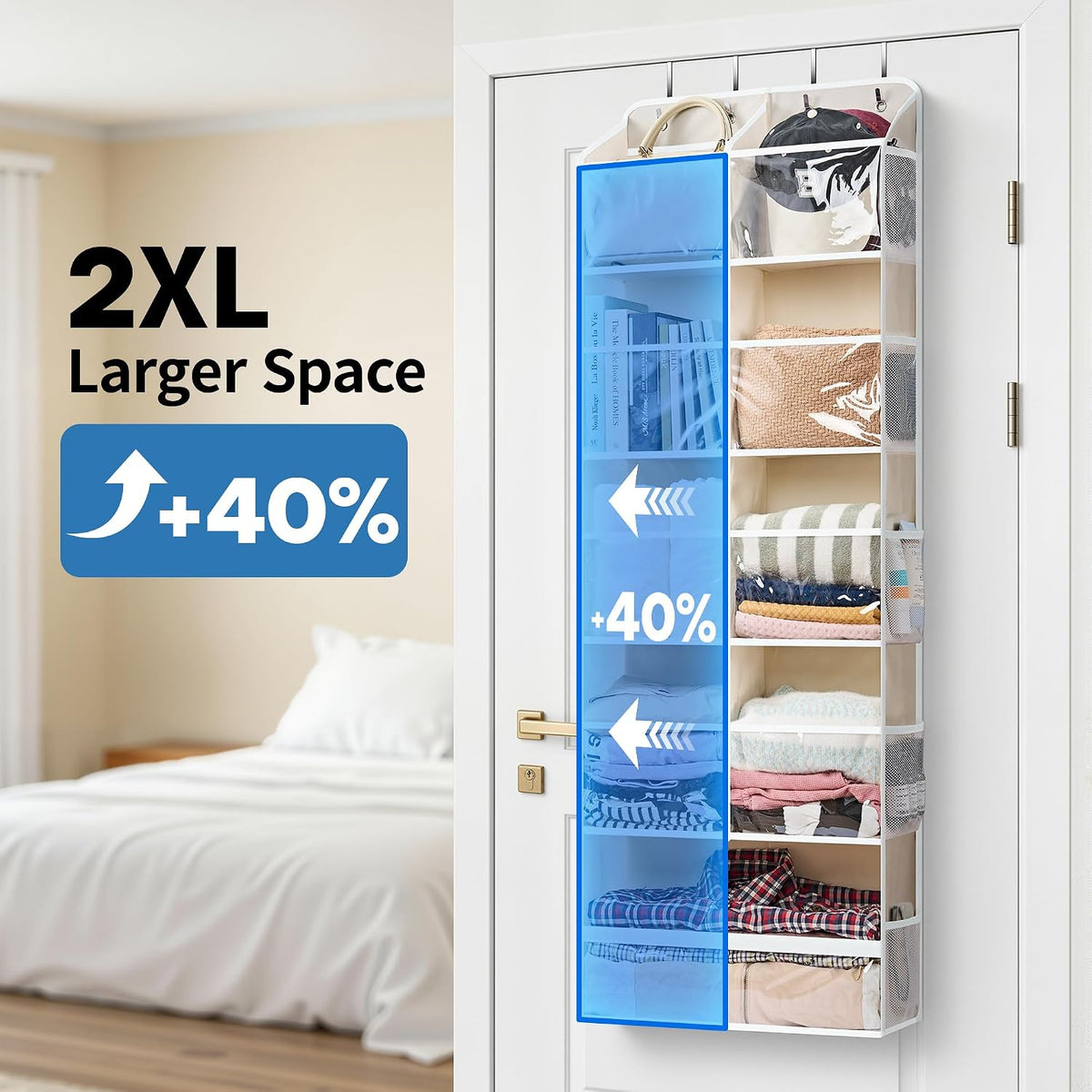Over the Door Organizer for Bedroom, Pantry, Bathroom, 5 Shelf Grey | Anti-Tilt Design, 44 lb Load Capacity, Hanging Door Organizer with 5 Large Capacity Pockets, Behind Door Storage for Nursery
