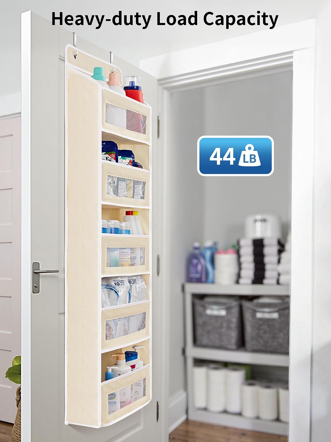 Over the Door Organizer for Bedroom, Pantry, Bathroom, 5 Shelf Grey | Anti-Tilt Design, 44 lb Load Capacity, Hanging Door Organizer with 5 Large Capacity Pockets, Behind Door Storage for Nursery
