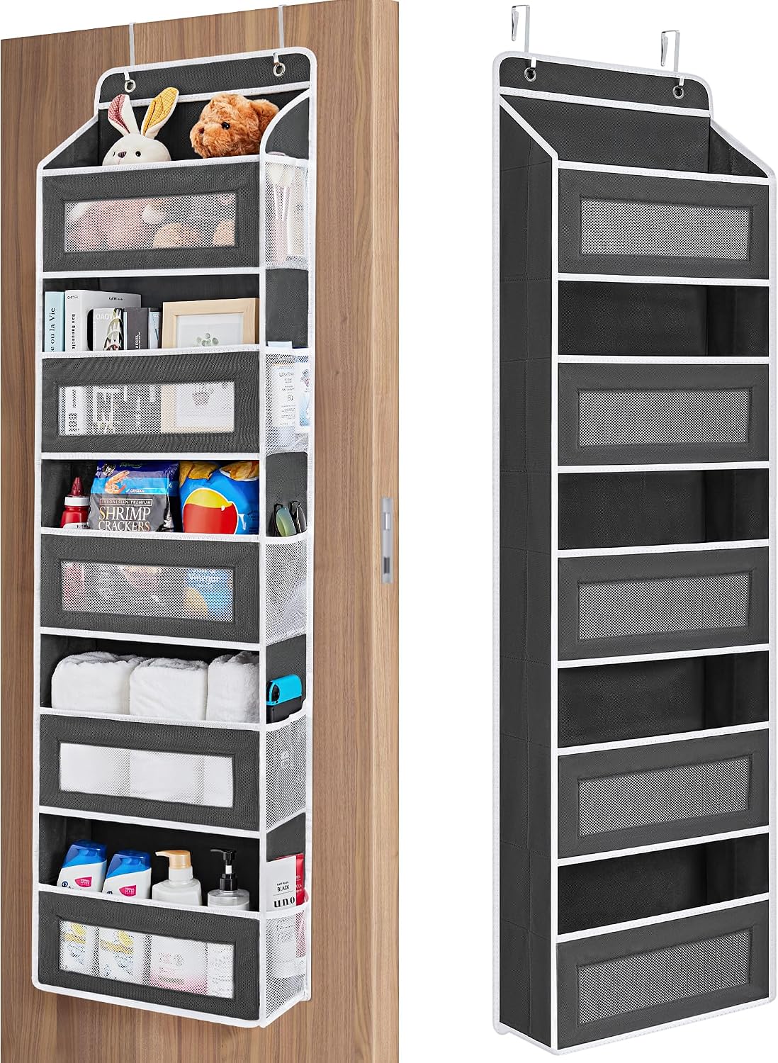 Over the Door Organizer for Bedroom, Pantry, Bathroom, 5 Shelf Grey | Anti-Tilt Design, 44 lb Load Capacity, Hanging Door Organizer with 5 Large Capacity Pockets, Behind Door Storage for Nursery