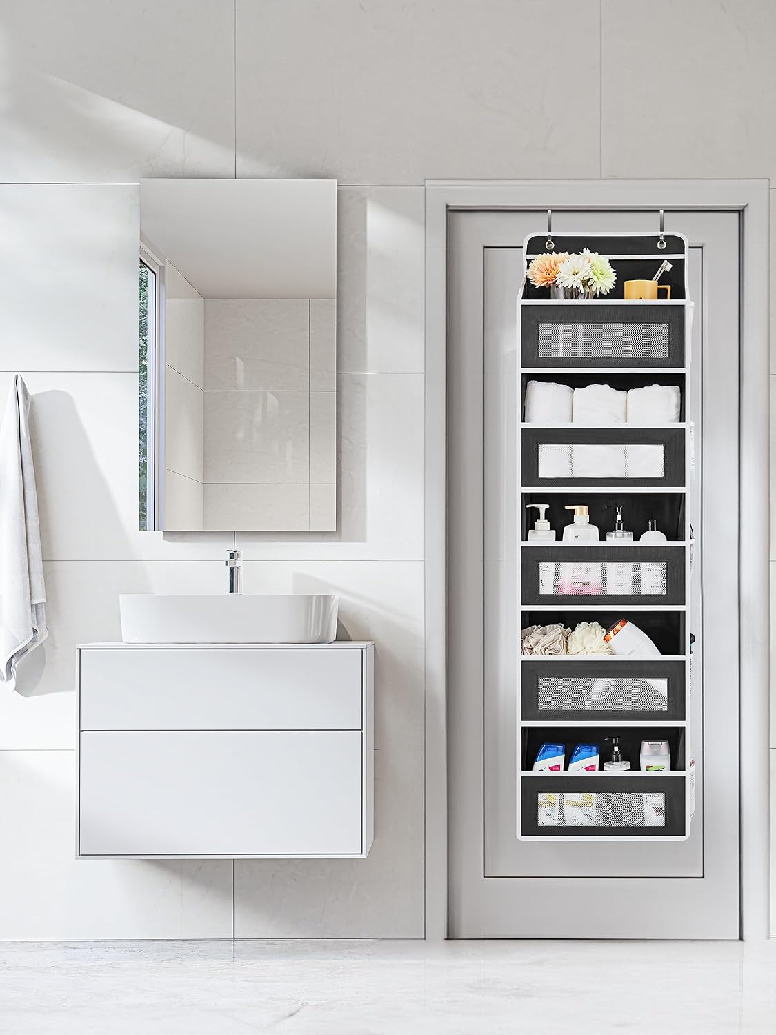 Over the Door Organizer for Bedroom, Pantry, Bathroom, 5 Shelf Grey | Anti-Tilt Design, 44 lb Load Capacity, Hanging Door Organizer with 5 Large Capacity Pockets, Behind Door Storage for Nursery