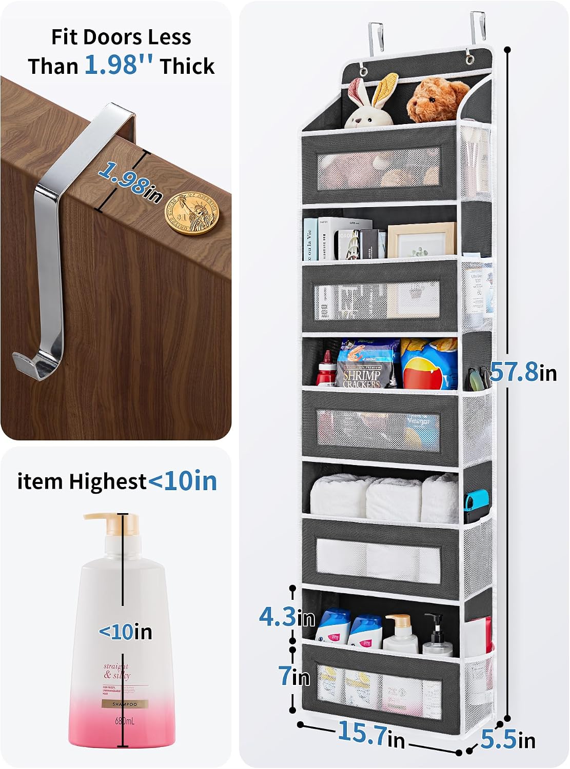 Over the Door Organizer for Bedroom, Pantry, Bathroom, 5 Shelf Grey | Anti-Tilt Design, 44 lb Load Capacity, Hanging Door Organizer with 5 Large Capacity Pockets, Behind Door Storage for Nursery