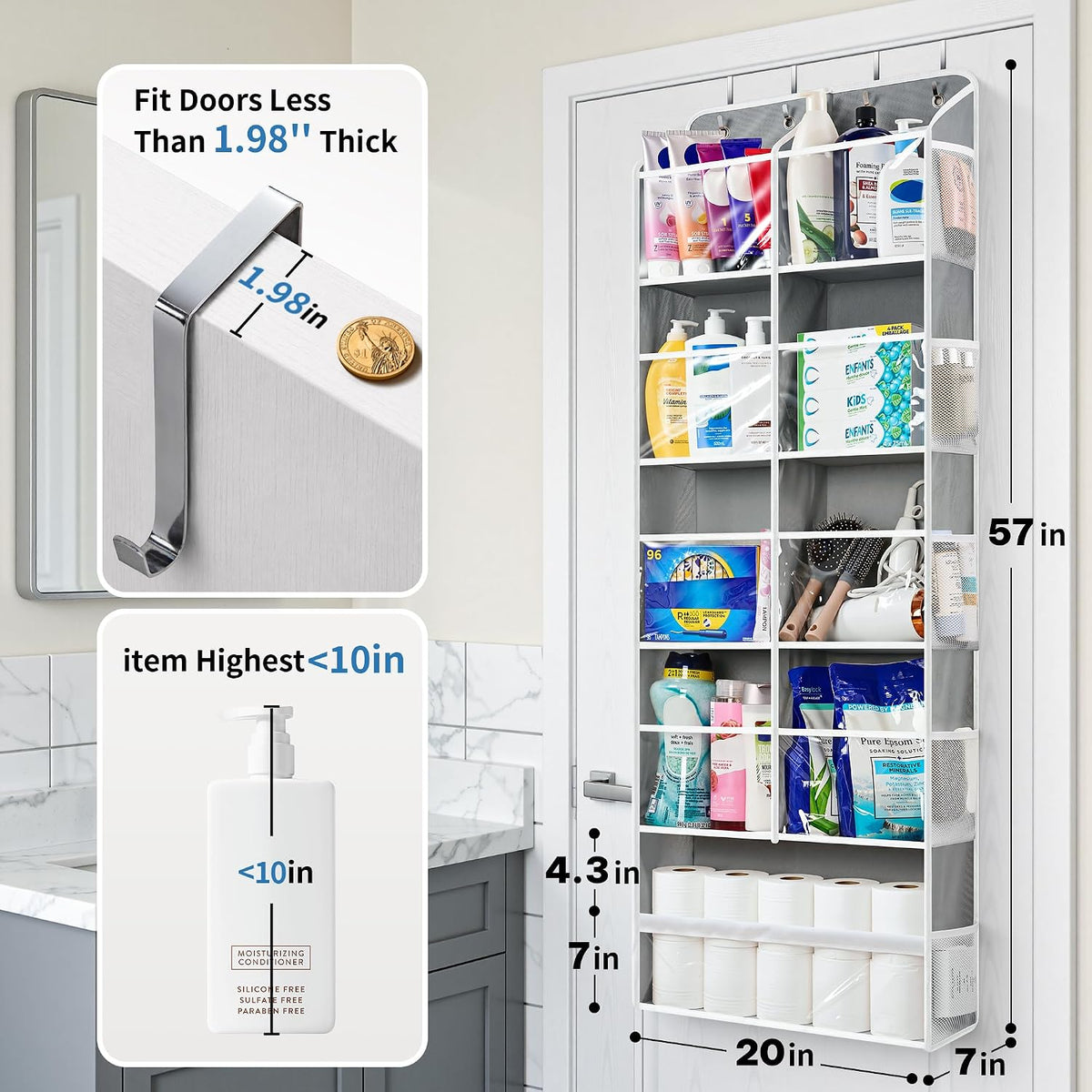 Over the Door Organizer for Bedroom, Pantry, Bathroom, 5 Shelf Grey | Anti-Tilt Design, 44 lb Load Capacity, Hanging Door Organizer with 5 Large Capacity Pockets, Behind Door Storage for Nursery