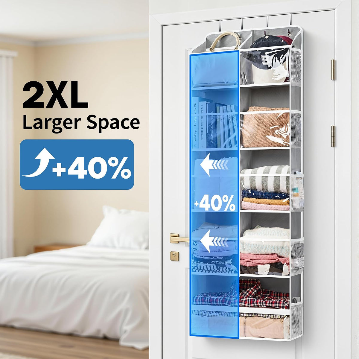 Over the Door Organizer for Bedroom, Pantry, Bathroom, 5 Shelf Grey | Anti-Tilt Design, 44 lb Load Capacity, Hanging Door Organizer with 5 Large Capacity Pockets, Behind Door Storage for Nursery