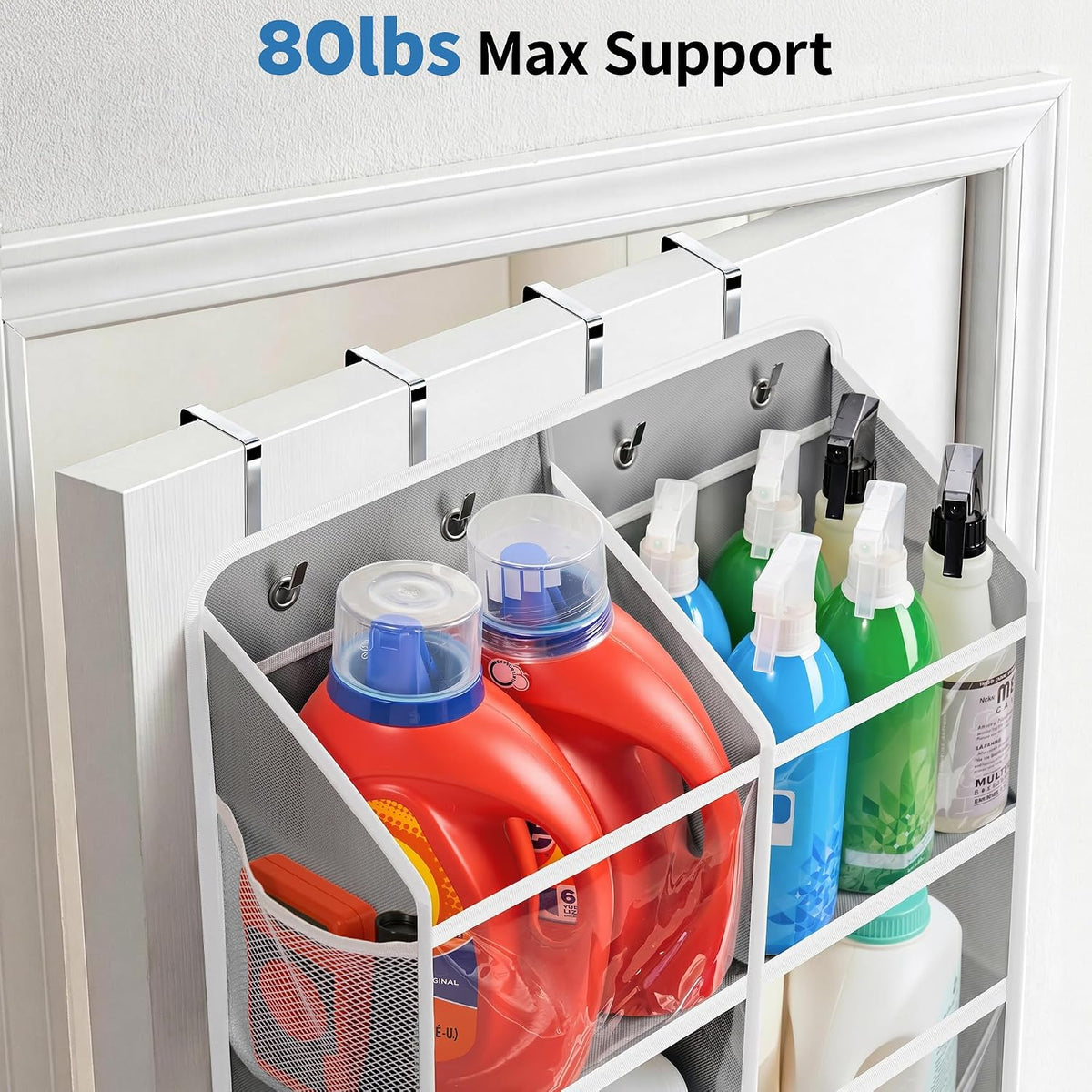 Over the Door Organizer for Bedroom, Pantry, Bathroom, 5 Shelf Grey | Anti-Tilt Design, 44 lb Load Capacity, Hanging Door Organizer with 5 Large Capacity Pockets, Behind Door Storage for Nursery