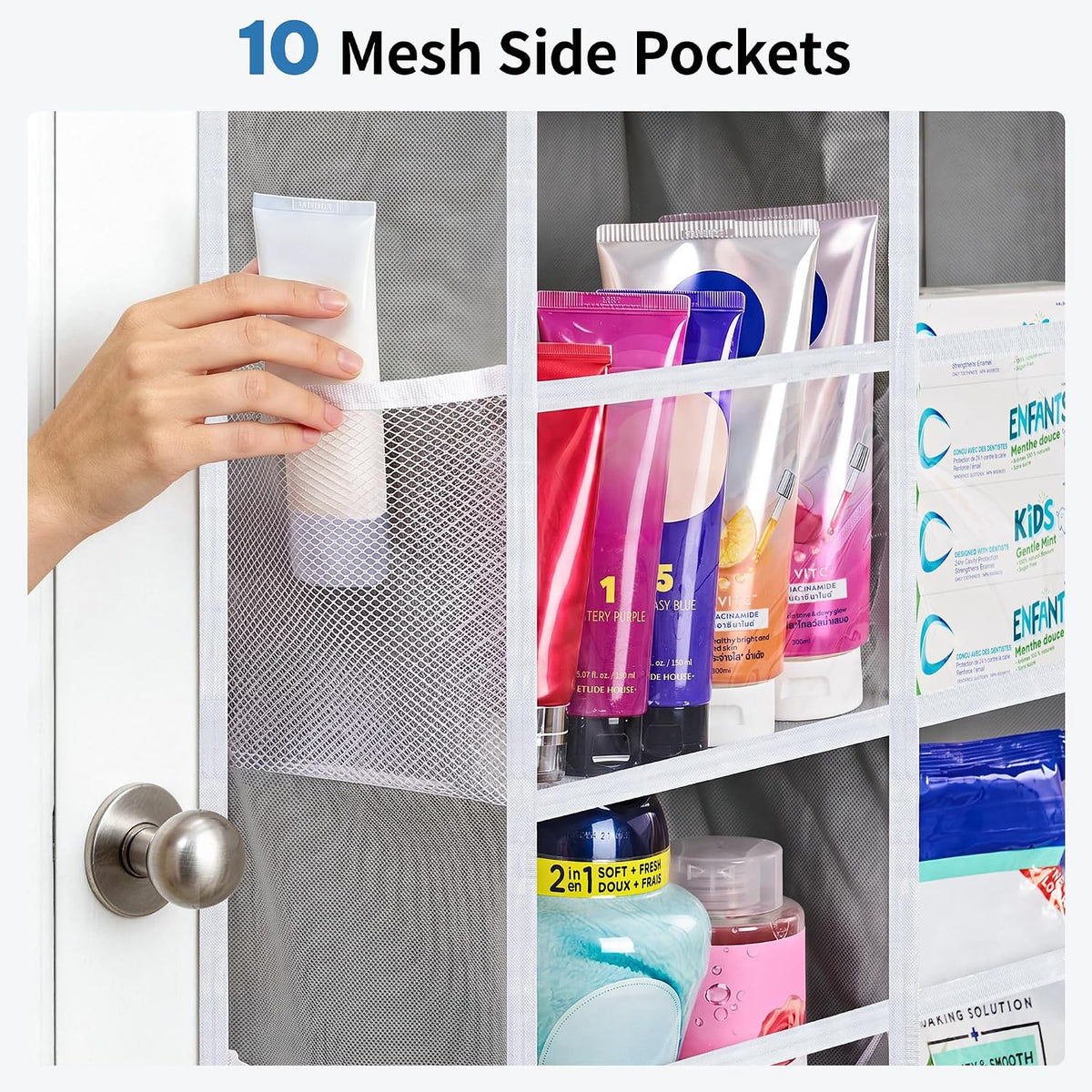 Over the Door Organizer for Bedroom, Pantry, Bathroom, 5 Shelf Grey | Anti-Tilt Design, 44 lb Load Capacity, Hanging Door Organizer with 5 Large Capacity Pockets, Behind Door Storage for Nursery