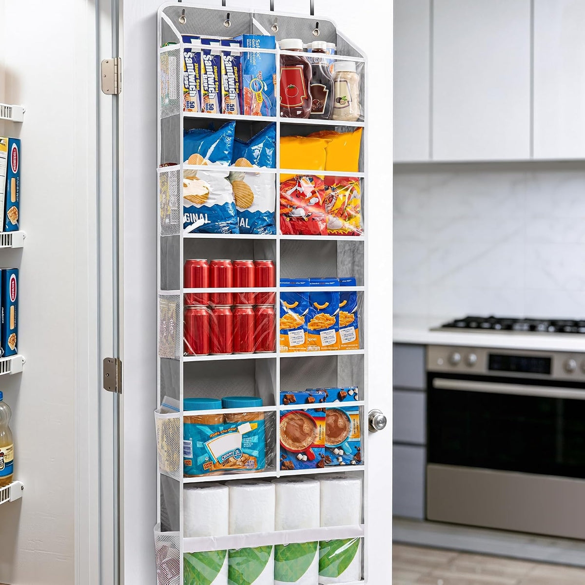 Over the Door Organizer for Bedroom, Pantry, Bathroom, 5 Shelf Grey | Anti-Tilt Design, 44 lb Load Capacity, Hanging Door Organizer with 5 Large Capacity Pockets, Behind Door Storage for Nursery
