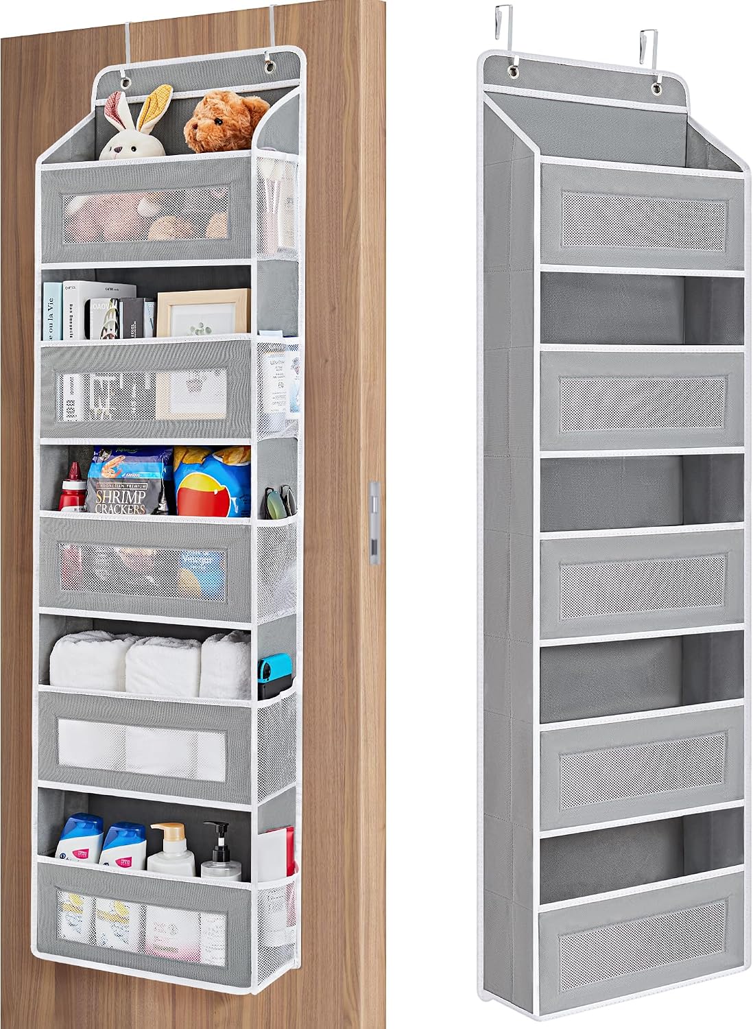 Over the Door Organizer for Bedroom, Pantry, Bathroom, 5 Shelf Grey | Anti-Tilt Design, 44 lb Load Capacity, Hanging Door Organizer with 5 Large Capacity Pockets, Behind Door Storage for Nursery