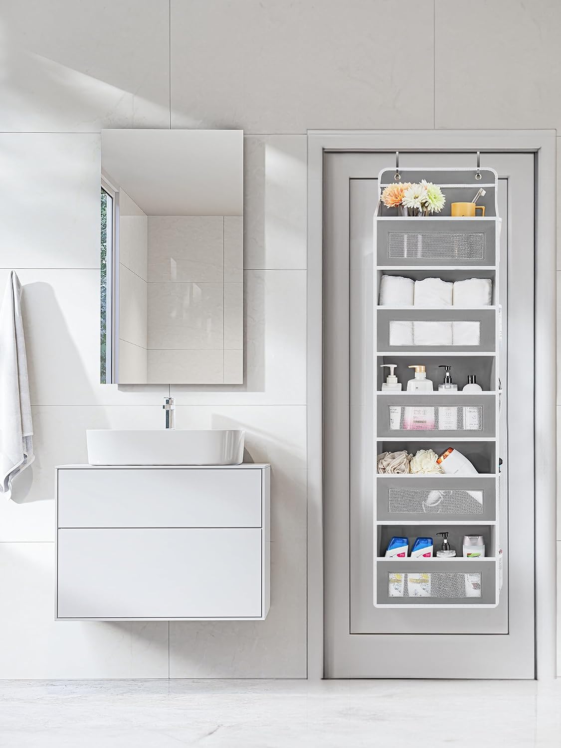 Over the Door Organizer for Bedroom, Pantry, Bathroom, 5 Shelf Grey | Anti-Tilt Design, 44 lb Load Capacity, Hanging Door Organizer with 5 Large Capacity Pockets, Behind Door Storage for Nursery