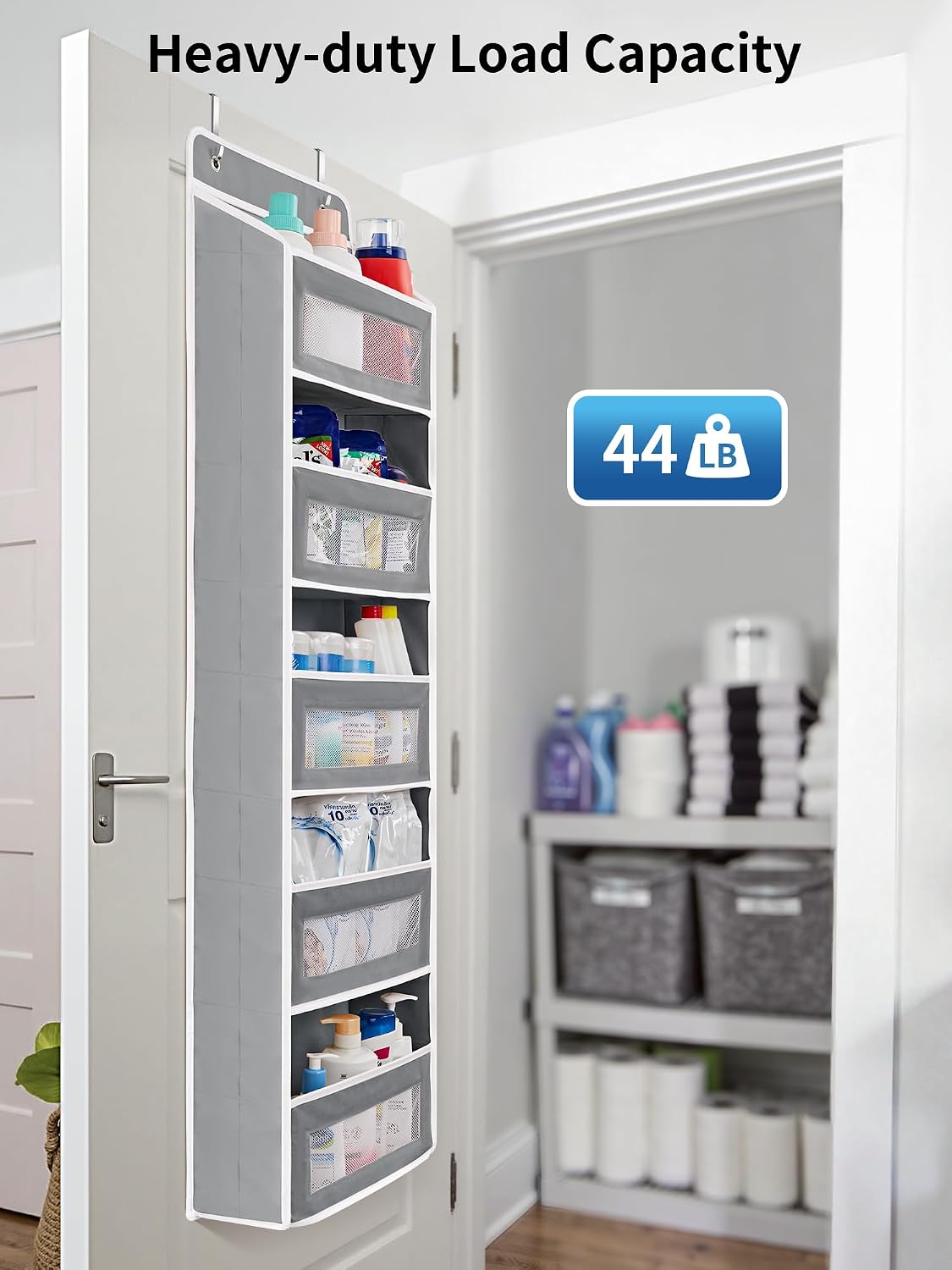 Over the Door Organizer for Bedroom, Pantry, Bathroom, 5 Shelf Grey | Anti-Tilt Design, 44 lb Load Capacity, Hanging Door Organizer with 5 Large Capacity Pockets, Behind Door Storage for Nursery