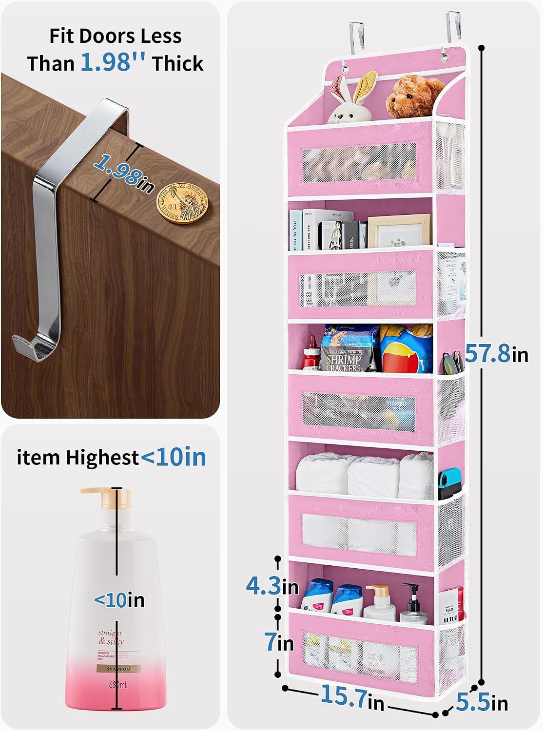 Over the Door Organizer for Bedroom, Pantry, Bathroom, 5 Shelf Grey | Anti-Tilt Design, 44 lb Load Capacity, Hanging Door Organizer with 5 Large Capacity Pockets, Behind Door Storage for Nursery