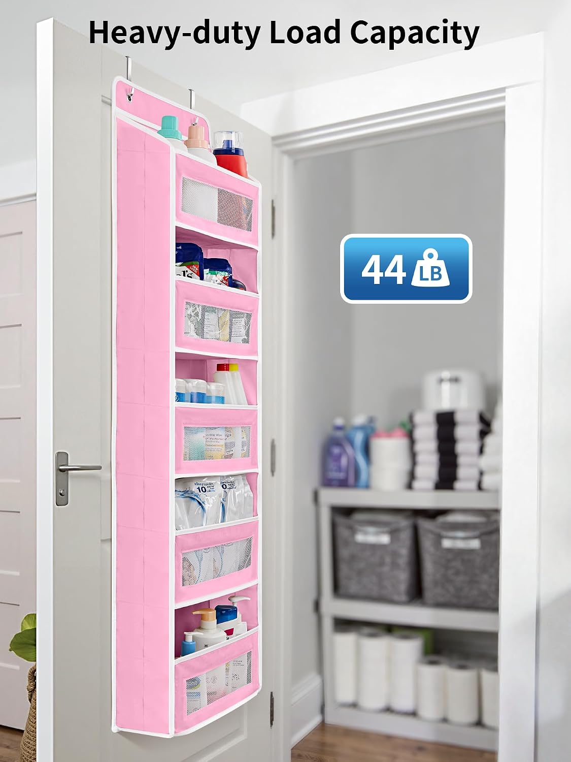 Over the Door Organizer for Bedroom, Pantry, Bathroom, 5 Shelf Grey | Anti-Tilt Design, 44 lb Load Capacity, Hanging Door Organizer with 5 Large Capacity Pockets, Behind Door Storage for Nursery
