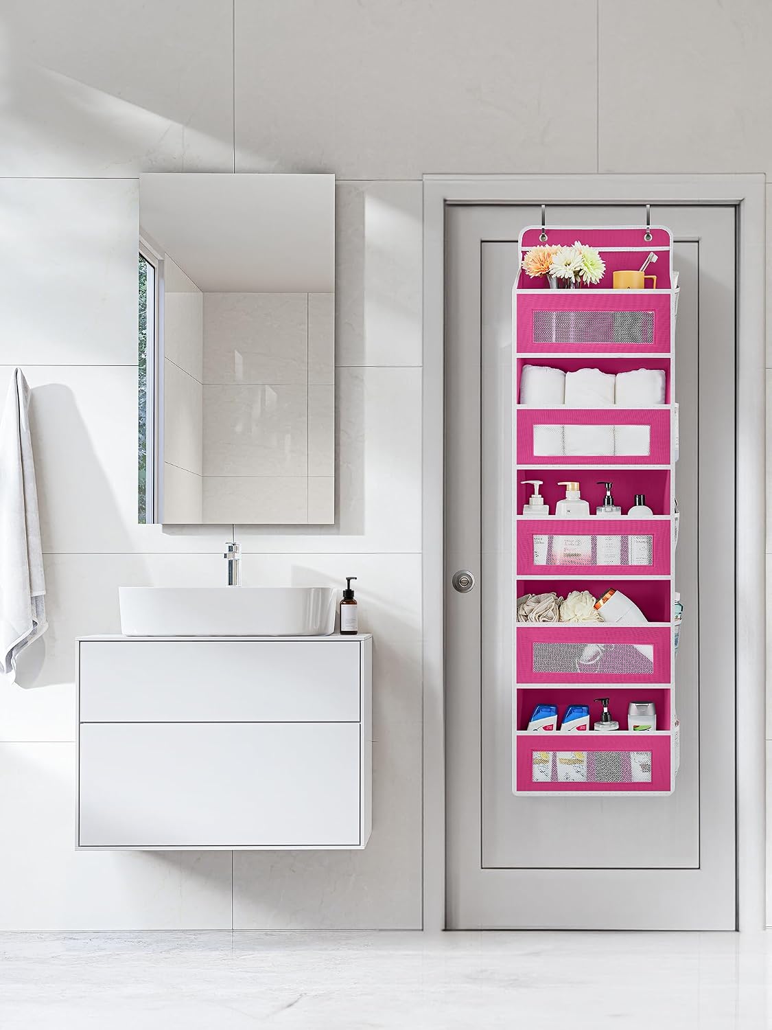 Over the Door Organizer for Bedroom, Pantry, Bathroom, 5 Shelf Grey | Anti-Tilt Design, 44 lb Load Capacity, Hanging Door Organizer with 5 Large Capacity Pockets, Behind Door Storage for Nursery