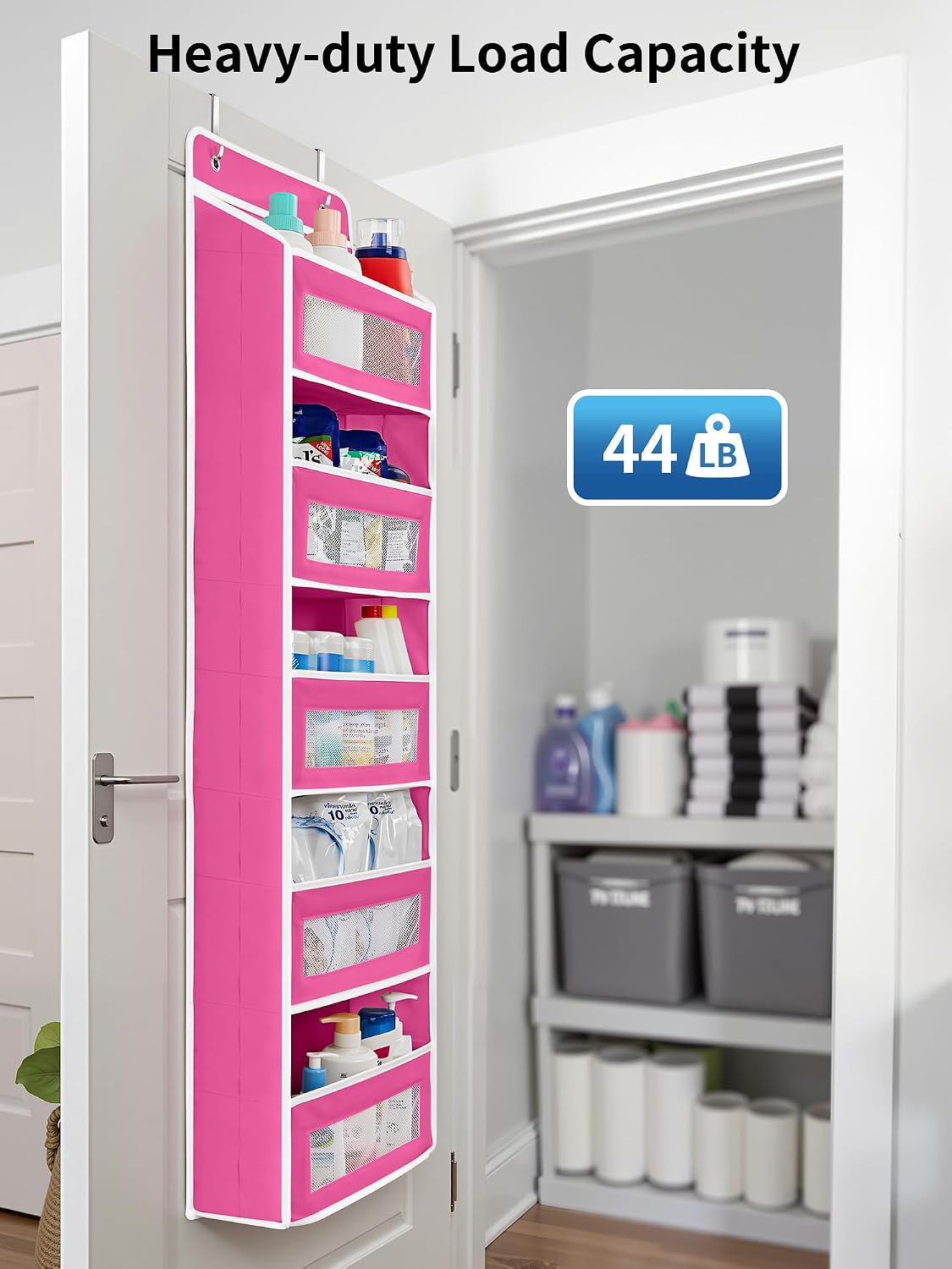 Over the Door Organizer for Bedroom, Pantry, Bathroom, 5 Shelf Grey | Anti-Tilt Design, 44 lb Load Capacity, Hanging Door Organizer with 5 Large Capacity Pockets, Behind Door Storage for Nursery
