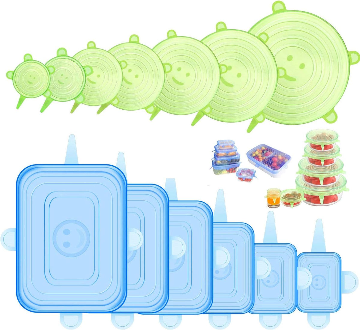 Silicone Stretch Lids for Food Storage in Fridge, 12 Pack Silicone Lids, Reusable Food Grade Silicone Bowl Covers for Cups, Bowls and Dish, 6 Sizes Round and Rectangle Shape