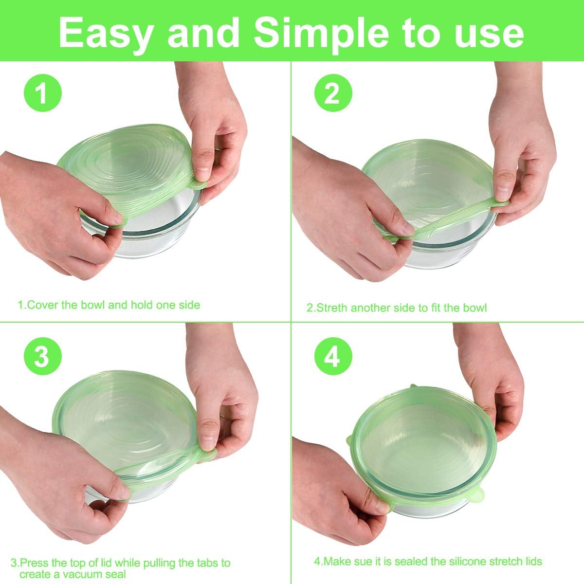 Silicone Stretch Lids for Food Storage in Fridge, 12 Pack Silicone Lids, Reusable Food Grade Silicone Bowl Covers for Cups, Bowls and Dish, 6 Sizes Round and Rectangle Shape