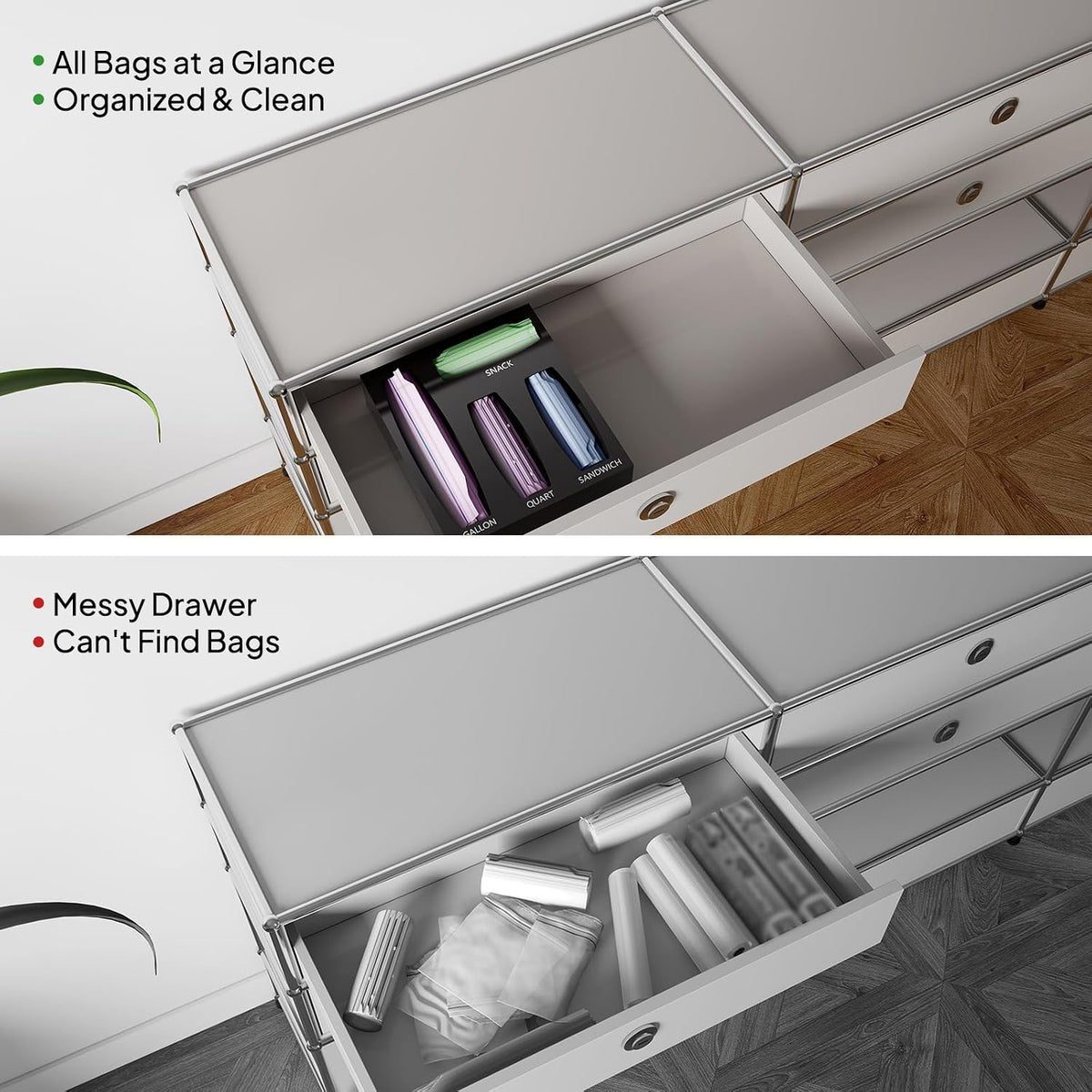 Acrylic Bags Storage Organizer - Baggie Bags Drawer Organizer & Plastic Food Storage Bags Holder - Compatible with Gallon, Quart, Sandwich, Snap, Freezer, Slider Bags (Clear)