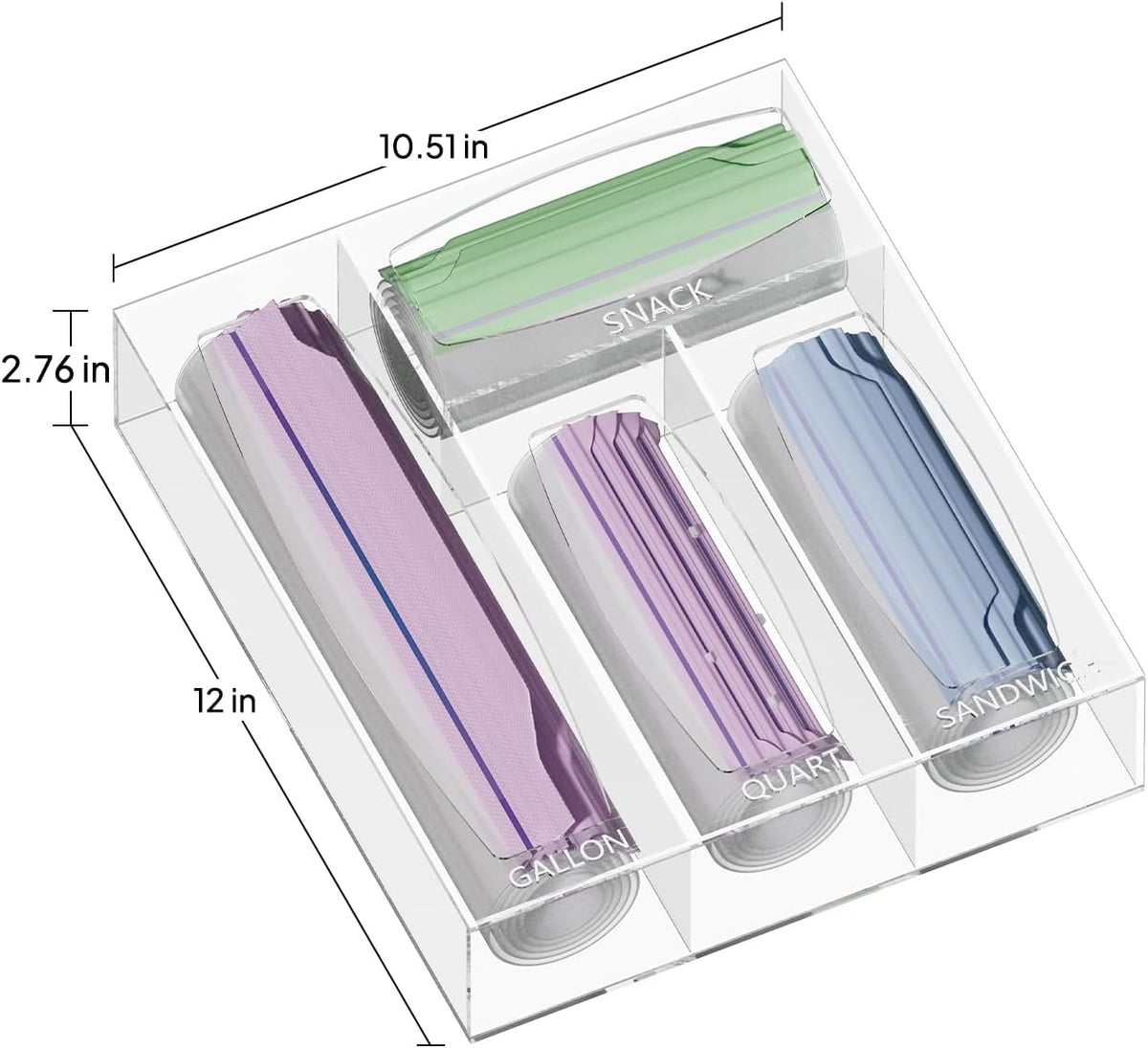 Acrylic Bags Storage Organizer - Baggie Bags Drawer Organizer & Plastic Food Storage Bags Holder - Compatible with Gallon, Quart, Sandwich, Snap, Freezer, Slider Bags (Clear)